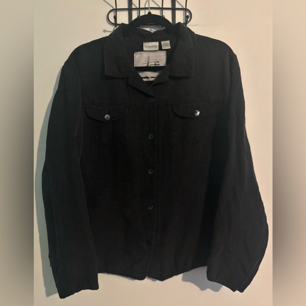 Chico's Womens Size 3 (XL) Silk Linen Blend Black Jacket Top Shell Buttons